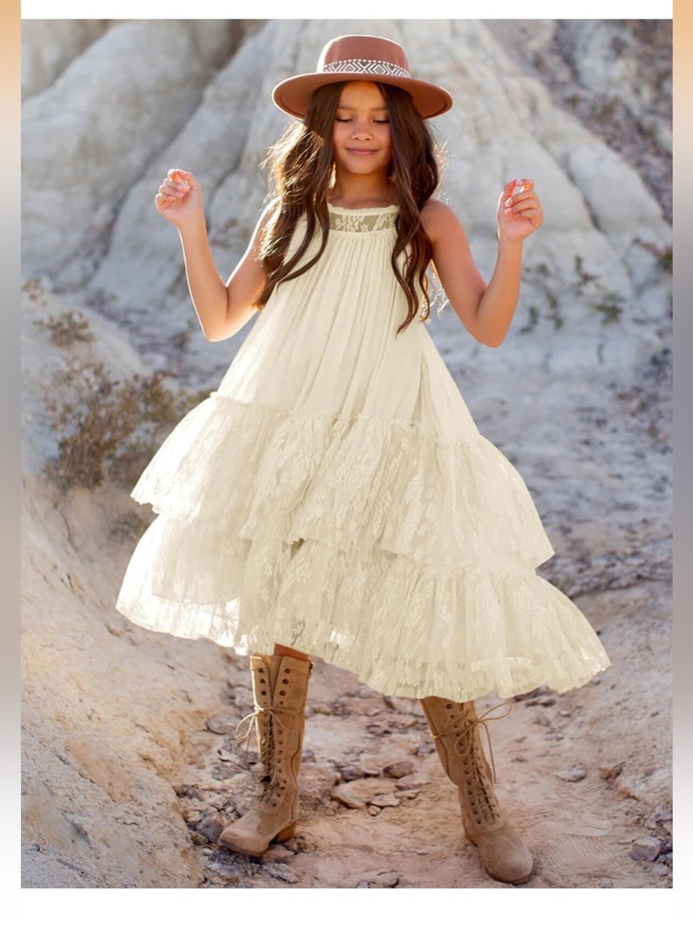 Joyfolie Cream Tiered Lace Maxi Dress for Girls